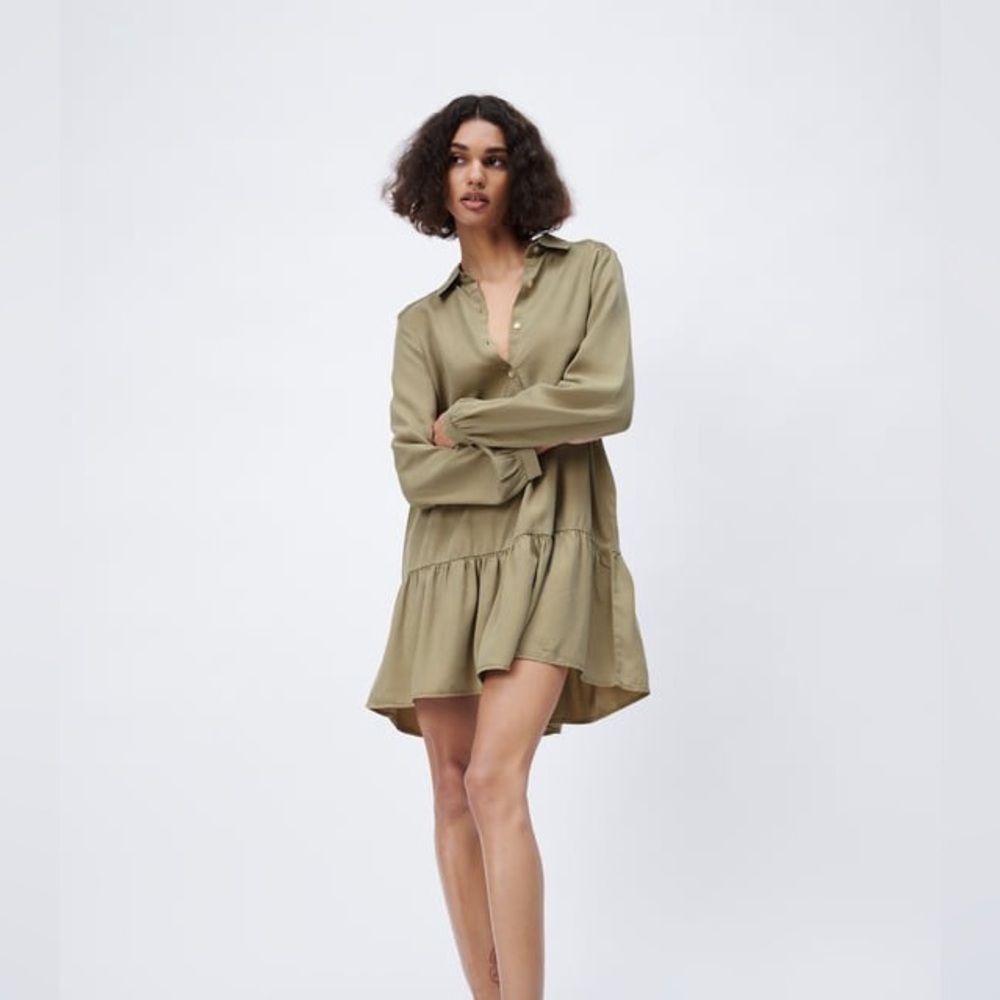 Zara Long Sleeve Tiered Green Dress